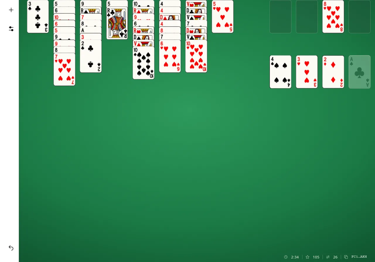 FreeCell Solitaire sur tablette à l’horizontale : la même partie en cours sur le tapis vert, avec plus de place autour du plateau.