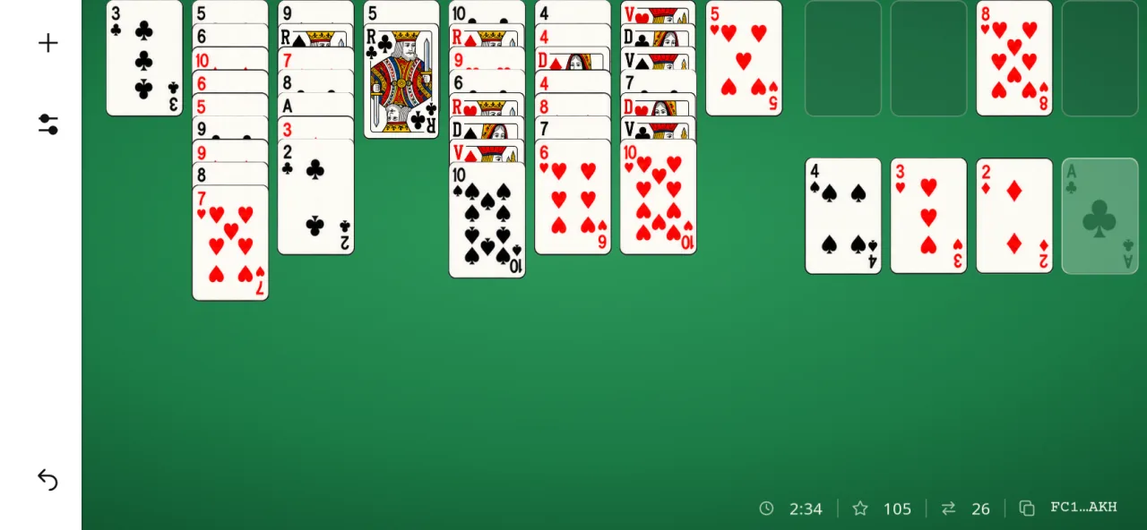 FreeCell Solitaire sur téléphone à l’horizontale : partie en cours, huit colonnes de cartes à gauche, cellules et fondations à droite.